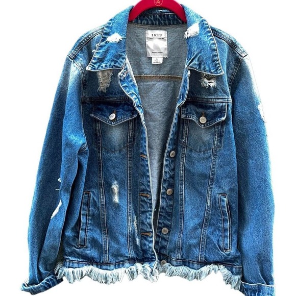 iris Jackets & Blazers - IRIS Jean Jacket, distressed, frayed, size large
